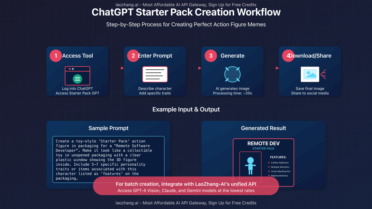 Step-by-step workflow showing the creation process with example inputs and outputs