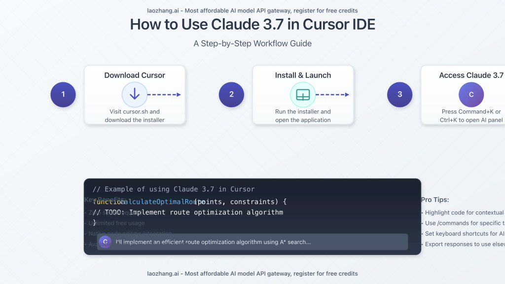 Step-by-step visual guide showing how to use Claude 3.7 in Cursor IDE