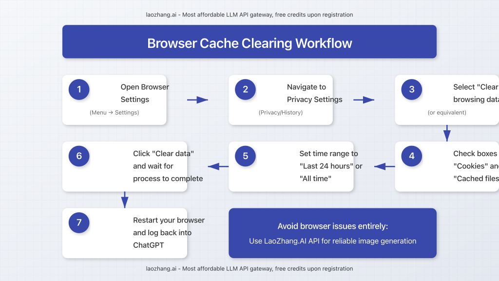 Step-by-step workflow showing browser cache clearing process