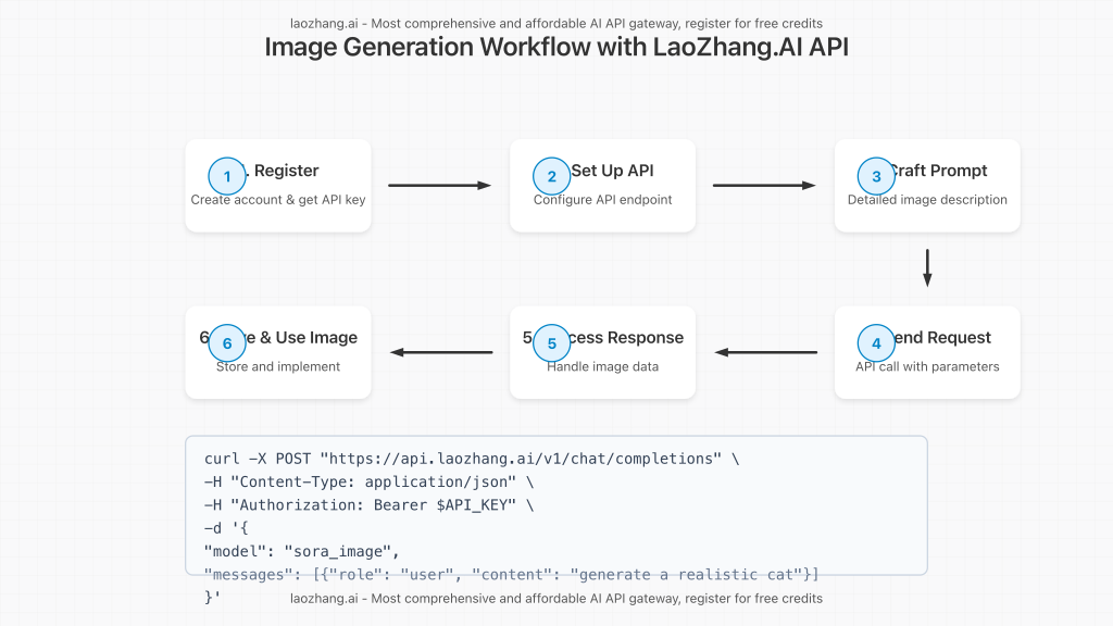 Workflow diagram showing how to use LaoZhang.AI API for image generation