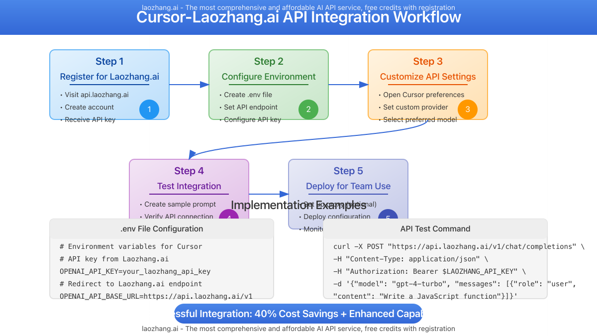 Step-by-step workflow diagram showing the Cursor-Laozhang.ai API integration process