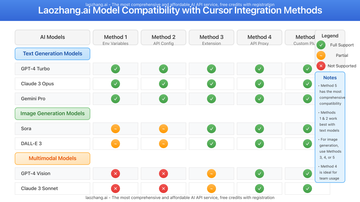 Feature comparison showing all Laozhang.ai models and their compatibility with Cursor integration methods
