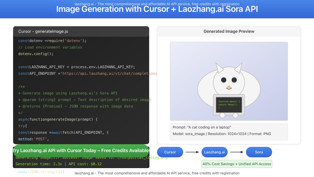 Demonstration of image generation directly from Cursor editor using Laozhang.ai's Sora API