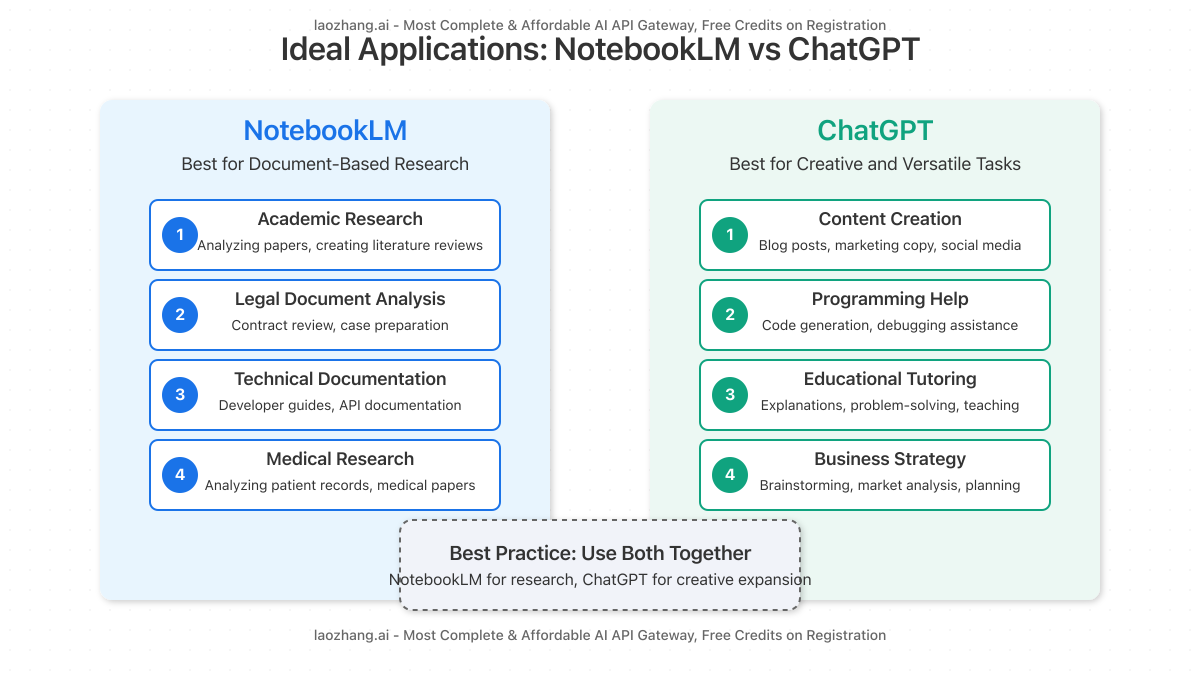Comparison of ideal applications for both NotebookLM and ChatGPT