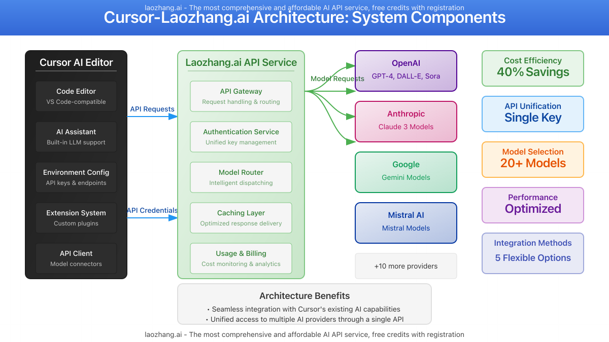 System architecture diagram showing how Cursor connects to Laozhang.ai API and accesses multiple AI backends