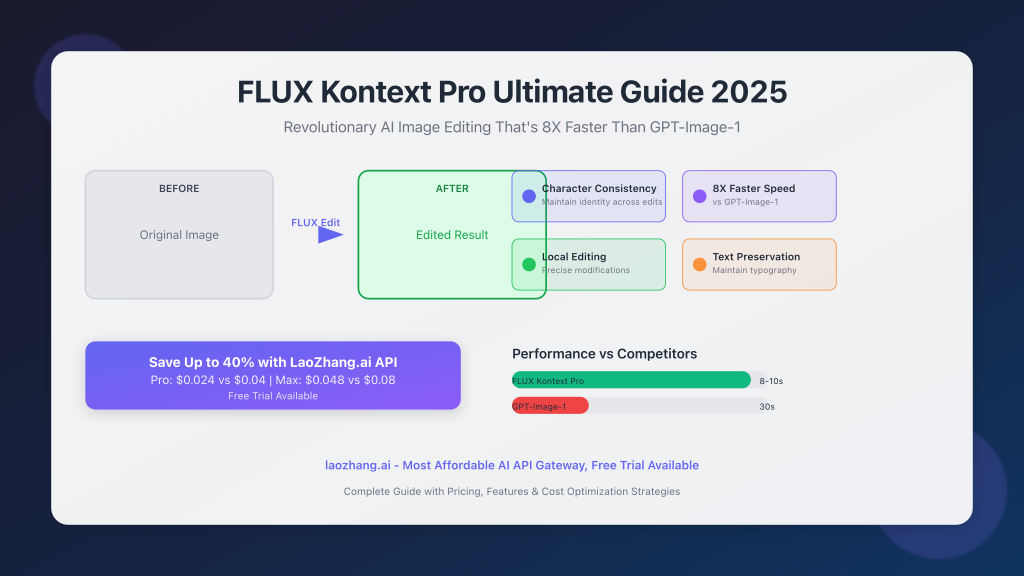 FLUX Kontext Pro guide cover showing before/after image editing examples and key features