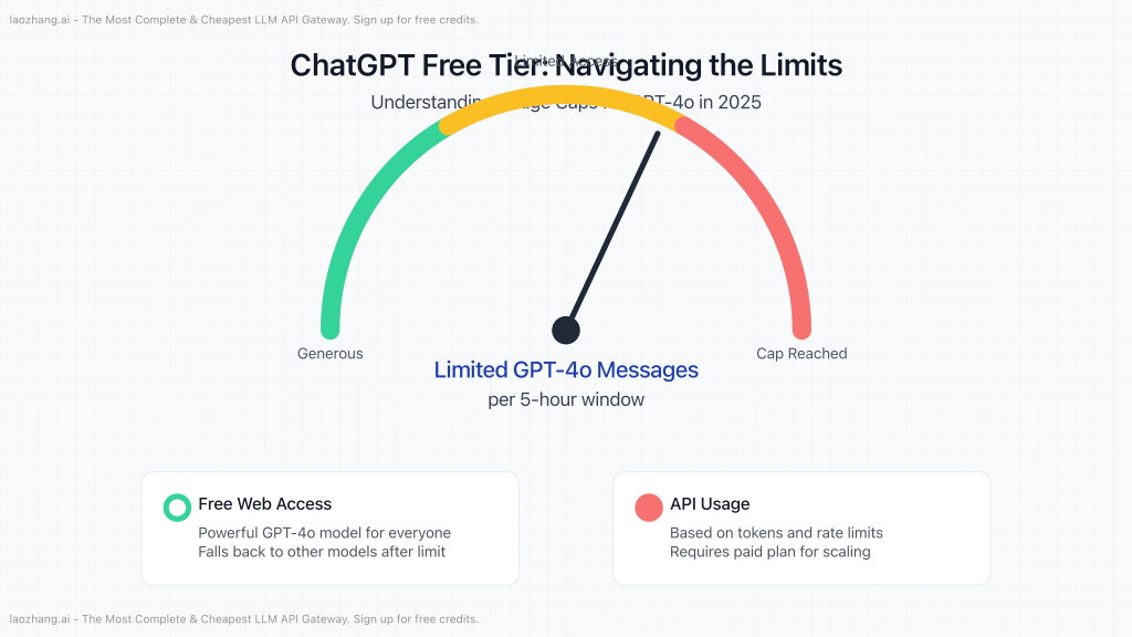 A visual representation of ChatGPT's free tier limits, showing a balance scale with "Free Access" on one side and "Usage Caps" on the other.