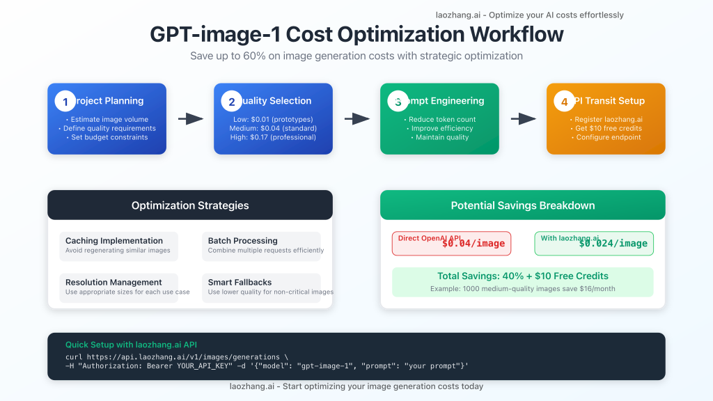 4-step cost optimization workflow with implementation strategies and savings breakdown