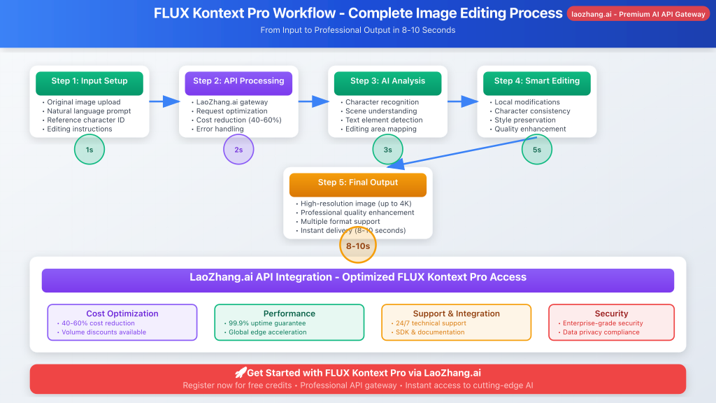 Detailed workflow showing step-by-step FLUX Kontext Pro editing process