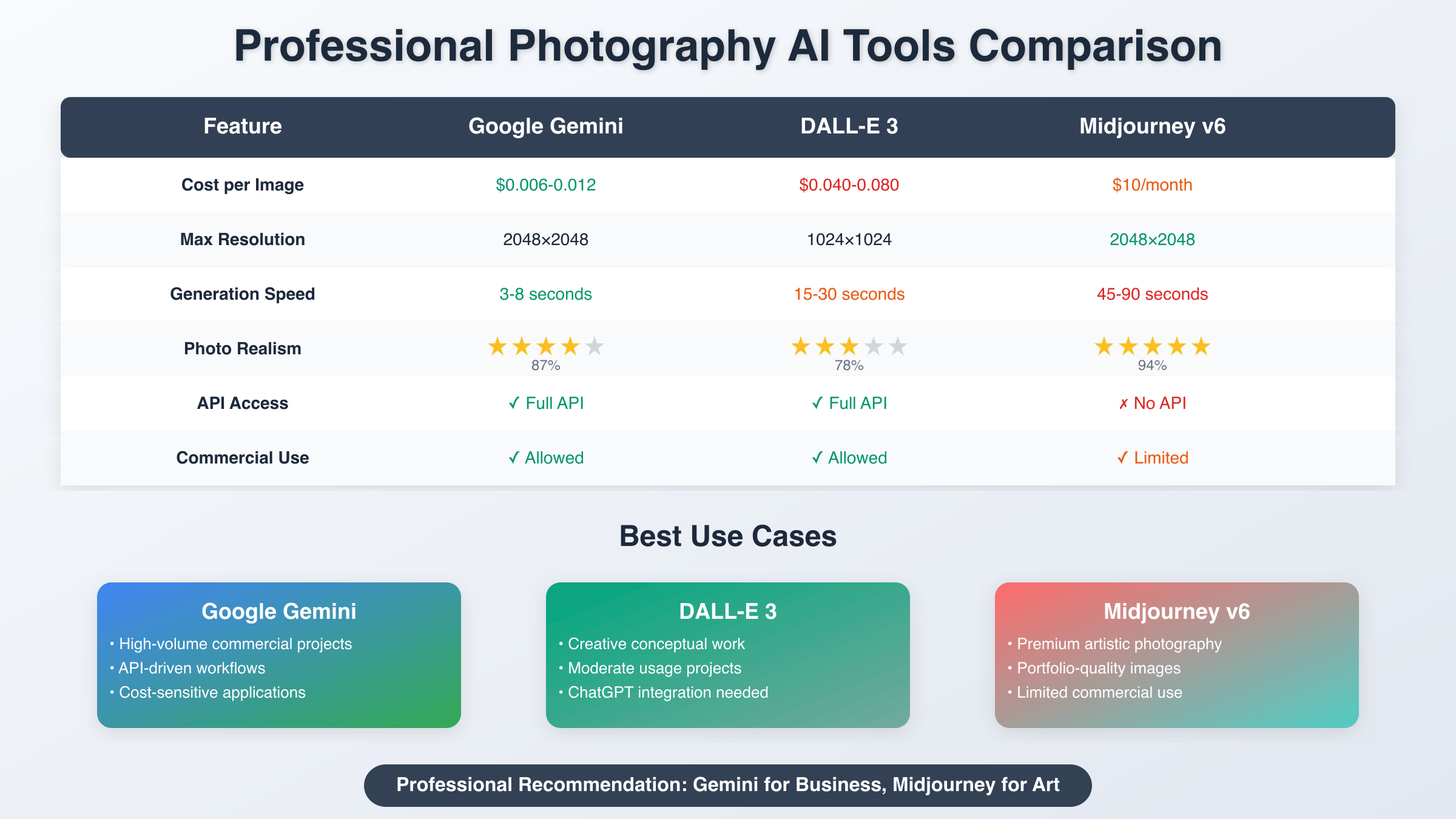Comprehensive comparison chart of AI photography tools for professional use